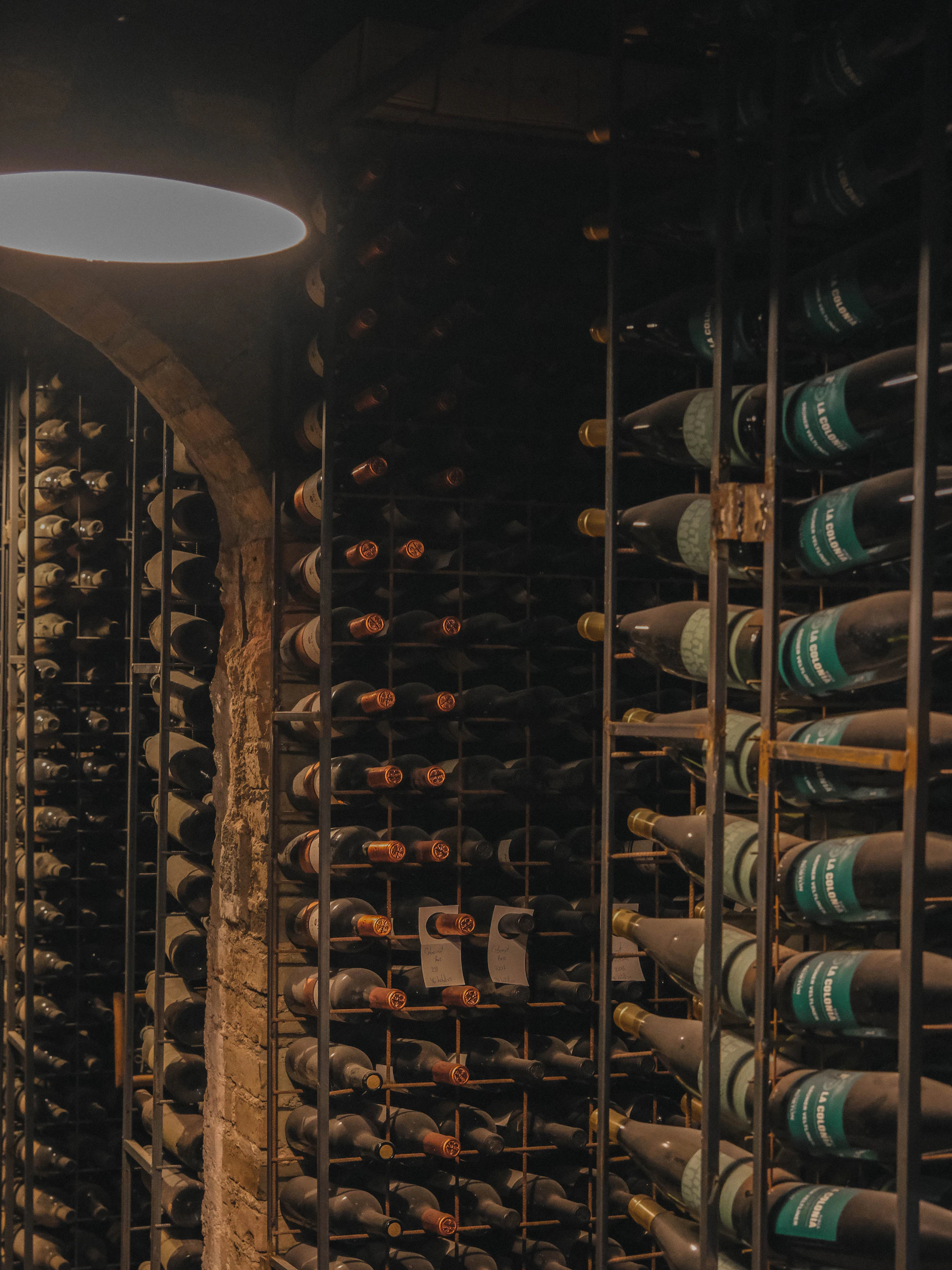 Le bottiglie sugli scaffali della cantina