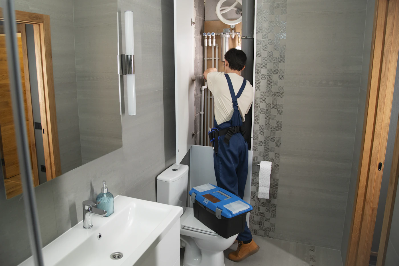 Un idraulico al lavoro in un bagno